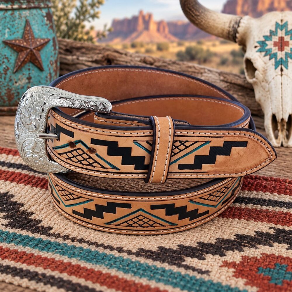 Western Southwestern Tooled Leather Belt Size 36 Tan Black Turquoise Cowboy
